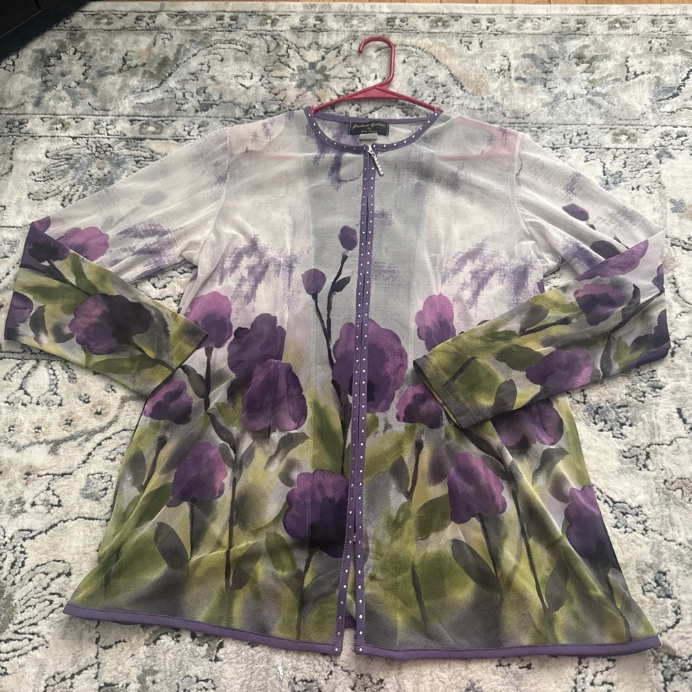 Jackets Galore by John Farah Womens Sz‎ XL Shirt Studded Bright Art Stretch Zip